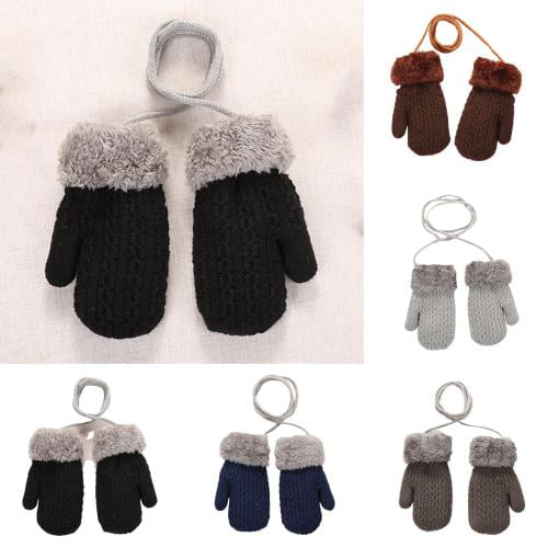 Pair Toddler Baby Boys Girls Winter Warm Knitted Gloves Mittens with Neck String